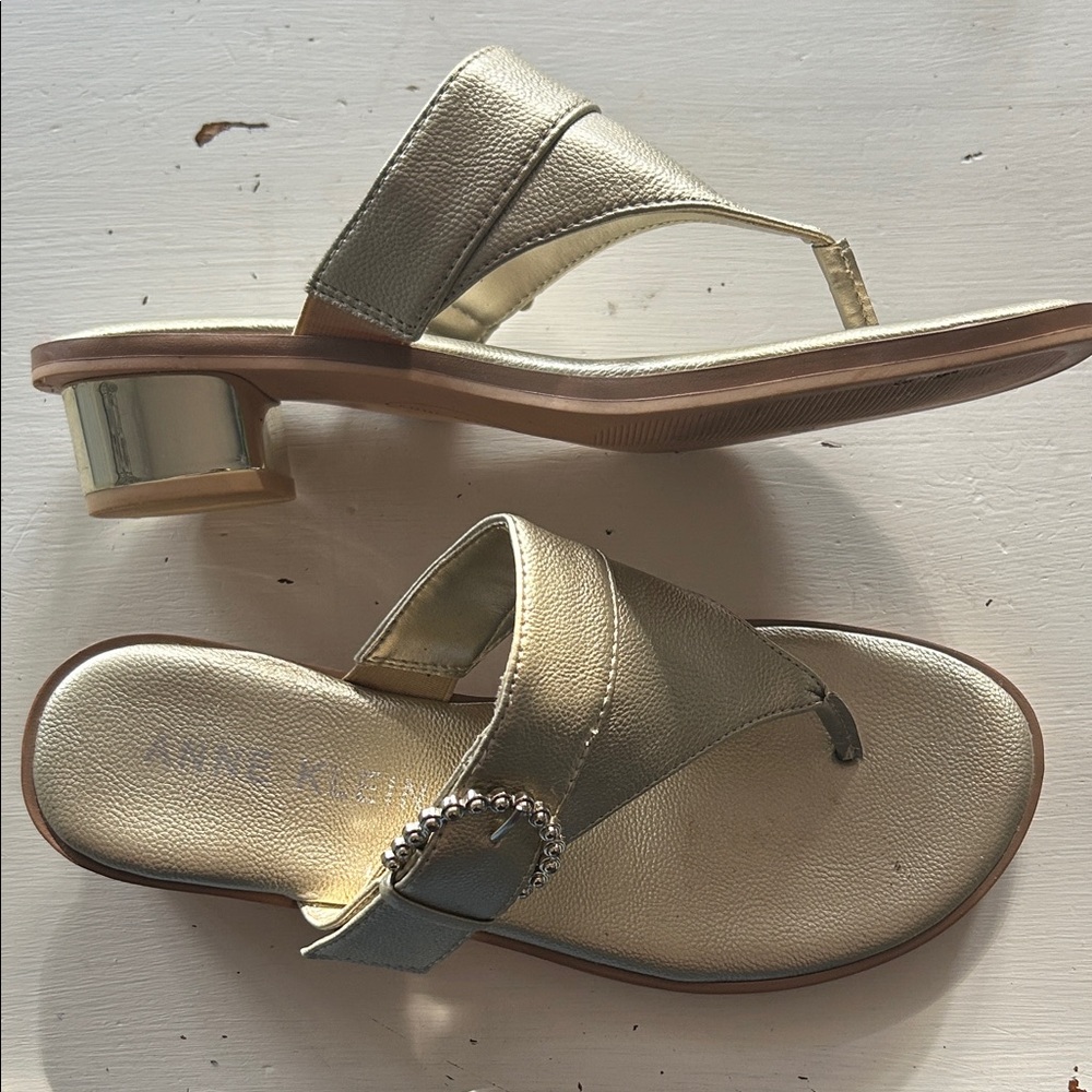 Anne Klein Women's Thessy sandal features a block heel and a gleaming buckle 7